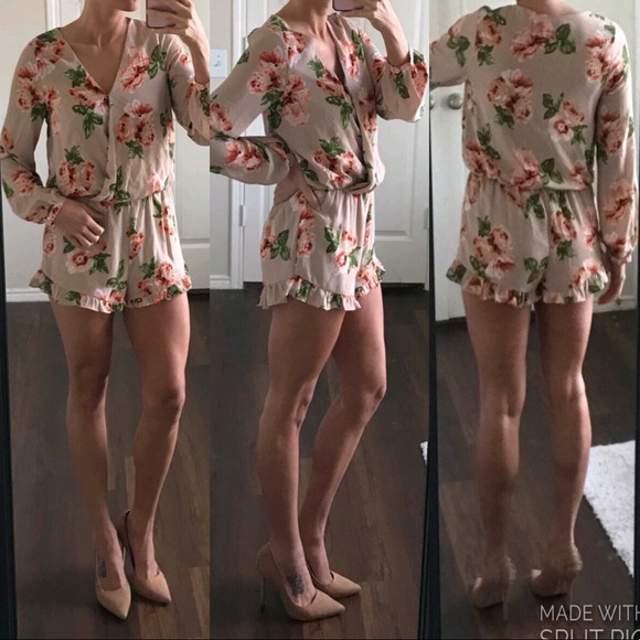 Doe & Rae Pants - Doe & Rae tan floral print long sleeve romper